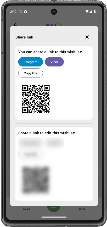 WishTo app screen: sharing a wishlist link